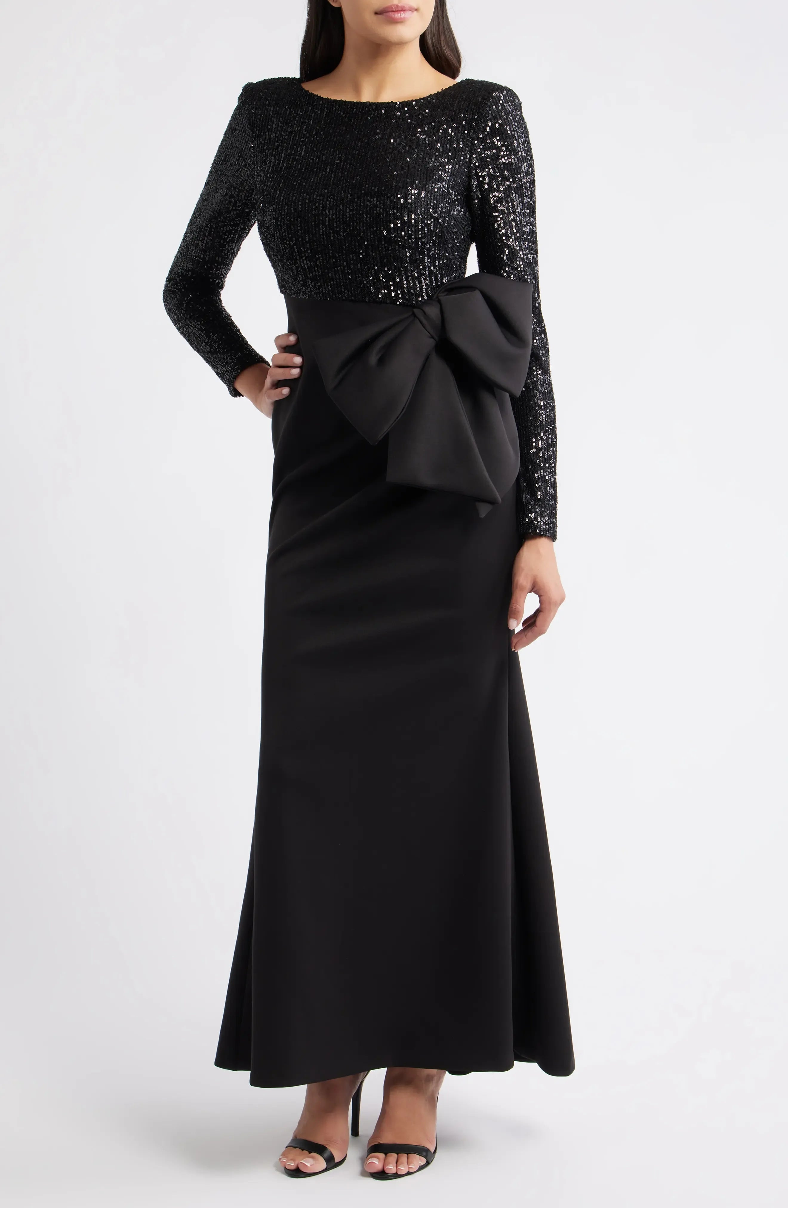 Modern Mermaid Boat Neck Long Sleeve Sequin Floor-Length Prom Dress
